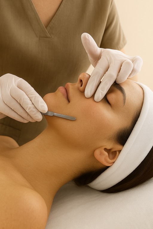 Caucasian woman receiving a dermaplaning treatment.