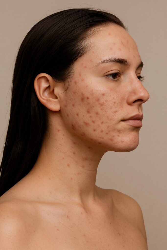 Young woman with severe acne.