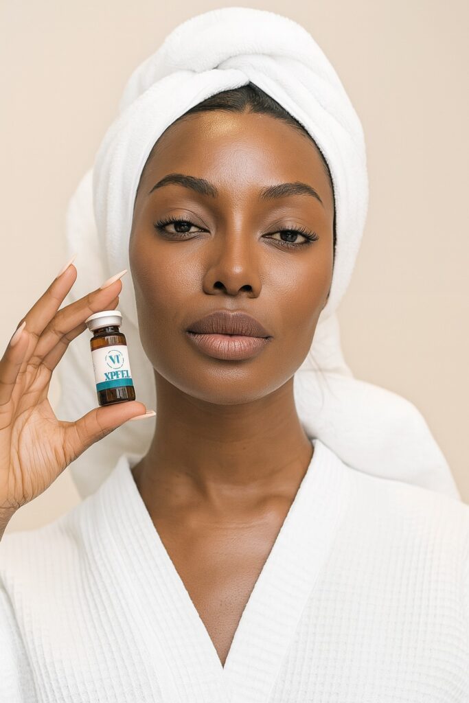 African American woman holding VIPeel chemical peel vial.