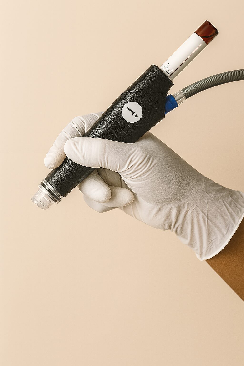 Gloved hand holding a Hydrafacial controller