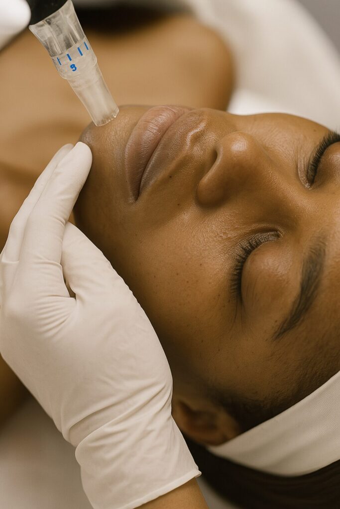 African American woman receiving microneedling treatment.
