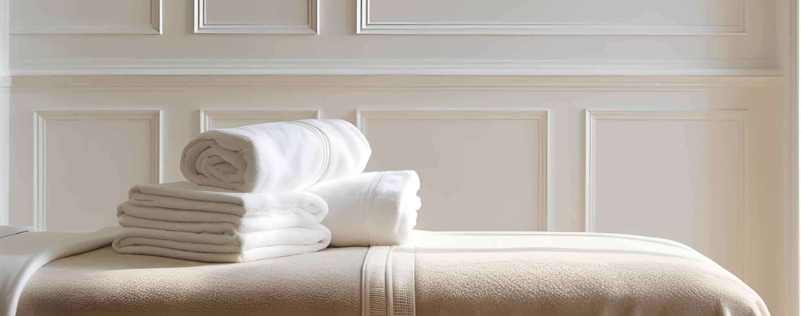 Spa bed in front of paneled wall with towels.