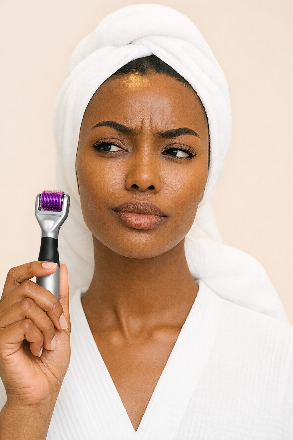African-American woman holding an at-home microneedling device in her right hand.
